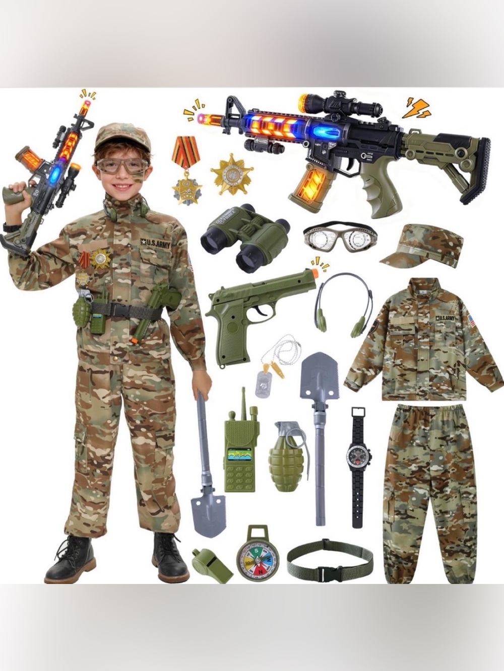 FUNYUEKI 18PCS Kids Army Costume Boys Halloween,Medium size age  6 to 8 years
